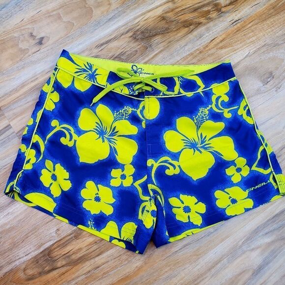 💜Vintage O'Neill Blue & Lime Hibiscus Floral Print Board Shorts Size 7/27 - Picture 1 of 11